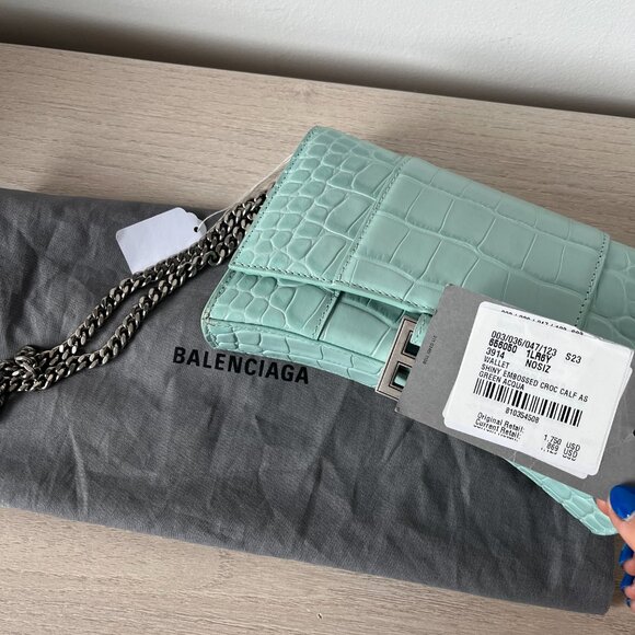 NWT Balenciaga Wallet On Chain Green Acqua Shiny Croc Embossed Leather - Picture 4 of 11